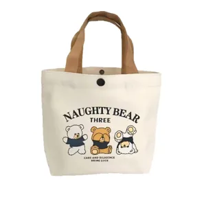 Small canvas tote bag cute cartoon casual handbag office worker bento lunch bag daily use.