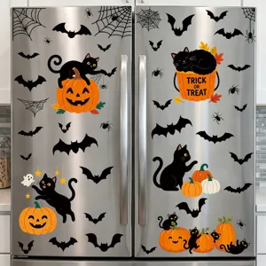Halloween black cat pumpkin bat window sticker detail, cute electrostatic decor for glass or fridge.