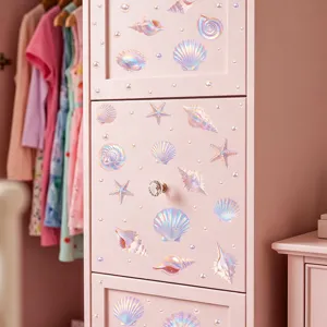 Traumhafte holografische Muschel Seestern Wandaufkleber fuer Kinderzimmer Badezimmer PVC Deko neu