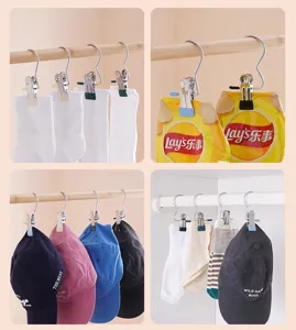Stainless steel S-hook laundry clips, heavy-duty anti-wind clamps for drying socks caps easily.