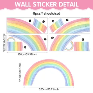 Diagramma dettagliato adesivo murale arcobaleno stile boho, set 8 pezzi 4 fogli.