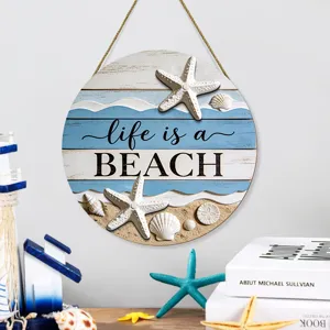 Wooden beach hanging sign with starfish and shell relief for home coastal wall decor