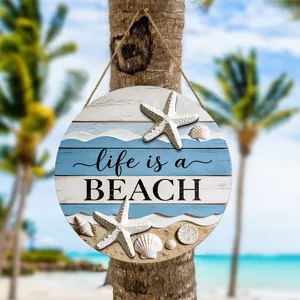 Mediterranean Style Wooden Round Hanging Sign Summer Ocean Beach Slogan Wall Plaque With Starfish Seashell For Living Room Home Decor