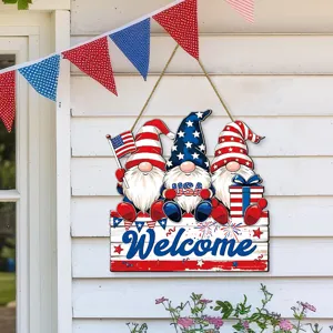Plaque de porte suspendue en bois gnome du 4 juillet, décoration patriotique de fête.