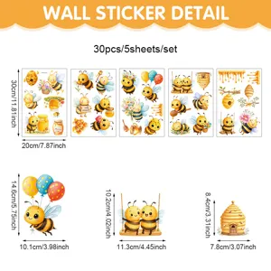 Joli ensemble d'autocollants muraux statiques abeille dessin animé 30 pcs sur 5 feuilles.