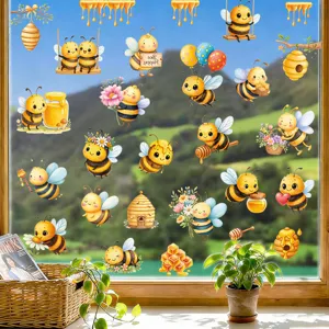 Adhésifs statiques mignons pour fenêtres d'abeilles de dessin animé décor de vitrine en verre.