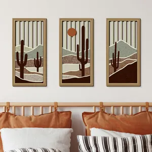 Wooden hollow wall hanging desert cactus decor detail, rustic boho style for bedroom.