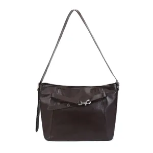 Brown leather hobo shoulder bag commuter tote bag with retro lock for women daily use.