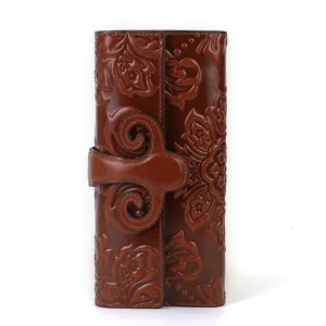 Portefeuille long en cuir véritable femme vintage gaufré fentes cartes pochette mode
