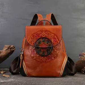 Genuine Leather Vintage Embossed Backpack Unisex Literary Retro Travel Bag Casual Daypack For Daily Commute