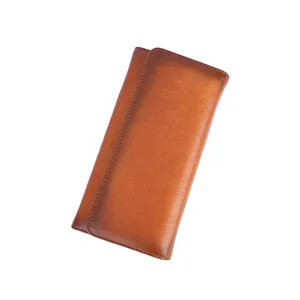 Vintage leather long wallet for women, solid color cowhide clutch purse with snap.