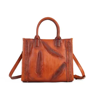 Sac à main vintage en cuir pour femme, cabas rétro en cuir avec gaufrage de plumes élégant.