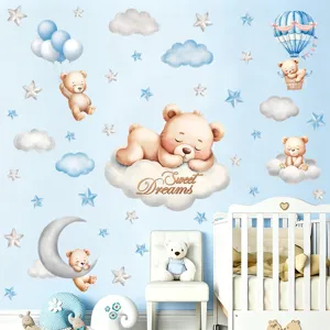 Bohemian Cute Cartoon Bear Παιδικό Δωμάτιο Wall Sticker PVC Self-Adhesive White Cloud Star Moon Nursery Room Wall Decor Decals