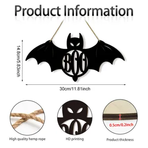 Targa sospesa in legno di pipistrello di Halloween, decorazione murale festiva da 30 cm.