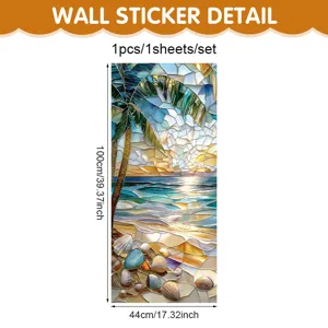 Stained glass tropical beach wall sticker featuring coconut tree and seashells for window.