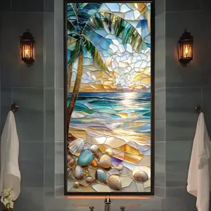 Close-up detail of the stained glass beach window film showing vibrant ocean, palm and shells.