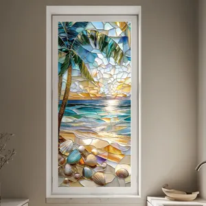 Stained glass window film detail showing ocean beach scene, palm tree and decorative seashells.