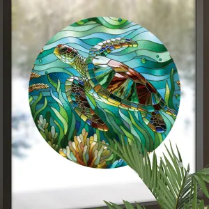 Adhesivo de ventana de tortuga marina de vidriera, película de vidrio decorativa de océano.