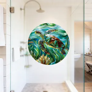 Adhesivo para ventana de tortuga marina de vidriera, pelicula decorativa de vidrio.