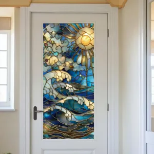 Ocean sun stained glass window film detail view, vibrant decorative sticker for glass doors.