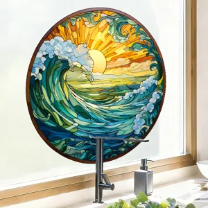 Película para ventana de vidrio tintado redondo con diseño de olas y sol para el hogar.