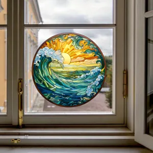 Adhesivo para ventana de vidrio tintado redondo con diseño de olas y puesta de sol.