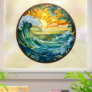 Adhesivo de ventana de ola oceanica de vidriera atrapasol redondo colgante arte.
