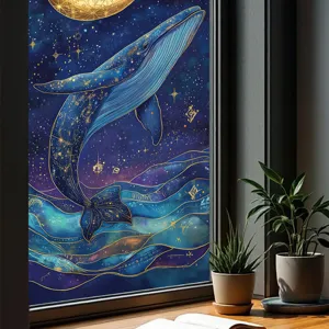 Celestial whale window sticker, starry night ocean glass film for home decor living room.