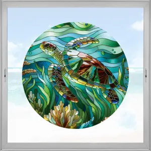 Pegatina de Ventana Estilo Vitral Tortuga Marina Película de Vidrio de PVC Estática Translúcida Decoración de Animales Marinos para Baño Cocina