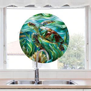 Adhesivo para ventana de tortuga marina de vidriera, película decorativa estática de olas.