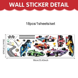 Cartoon F1 racing car wall sticker detail showing 18pcs set and 30x90cm dimensions.