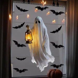 Halloween ghost window sticker set with glowing lantern and bats for spooky party decor.