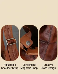 Leather bag detail featuring adjustable shoulder strap, magnetic snap closure, cross design.