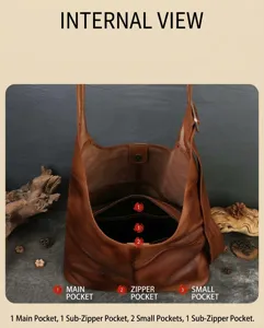 Detailed view of the brown leather hobo bag interior, showing multiple handy pockets and compartments.