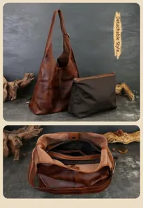 Vintage genuine leather tote bag for women with removable pouch, large capacity retro shoulder bag.