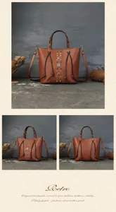 Vintage genuine leather bucket bag with retro metal studs and top handle for stylish women.
