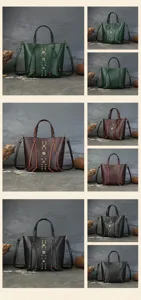 Genuine leather bucket handbag vintage rivet woven design multi-color stylish shoulder bag