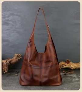 Vintage brown leather hobo tote bag for women, large capacity retro shoulder crossbody bag.