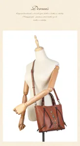 Vintage genuine leather bucket bag for women, handmade retro rivet shoulder and handbag.