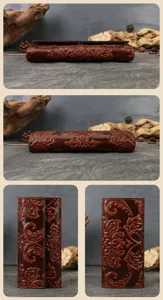 Embossed genuine leather long wallet detail showing intricate floral patterns and card slots.