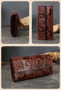 Detailed close-up view of the embossed genuine leather women long trifold wallet in deep brown.