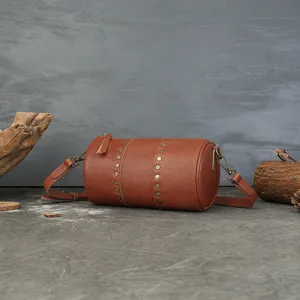 Vintage Genuine Leather Cylinder Bag Women Top Layer Cowhide Shoulder Crossbody Bag Rivet Casual Handbag