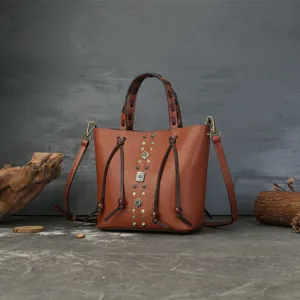Genuine Leather Woven Bucket Bag For Women Retro Color Block Rivet Handbag Casual Shoulder Crossbody Bag