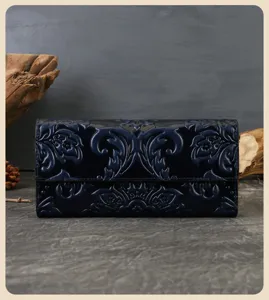 Close-up view of the embossed dark blue leather long wallet featuring detailed craftsmanship.