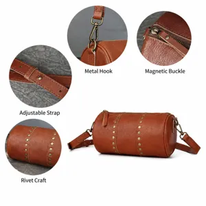 Vintage genuine leather cylindrical shoulder bag with metal rivets and hardware details.