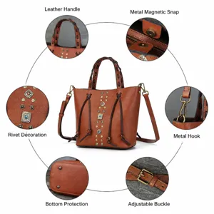 Sac seau vintage en cuir veritable marron avec poignee tressee, rivets et laniere reglable.