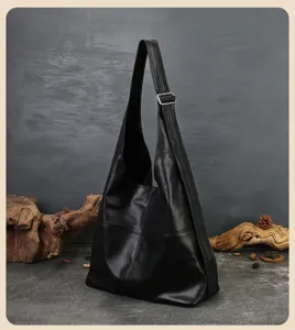 Black genuine leather hobo shoulder bag large capacity vintage tote crossbody bag for women