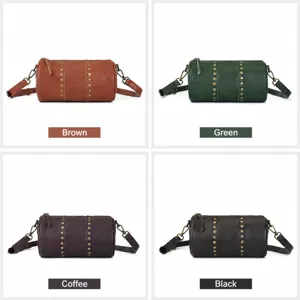 Genuine leather barrel bag with metal studs, vintage top layer cowhide crossbody shoulder bag style.