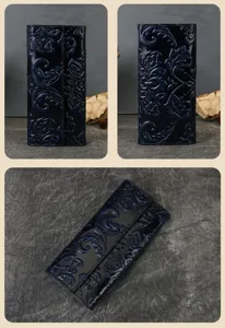 Women genuine leather long wallet embossed tri-fold large capacity clutch detail view