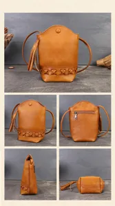 Vue détaillée d'un sac seau en cuir tanné végétal vintage avec franges et lanière.